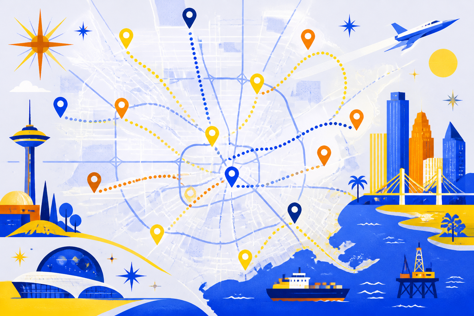 Map-style view conveying TAKEOFF's Houston-area service coverage