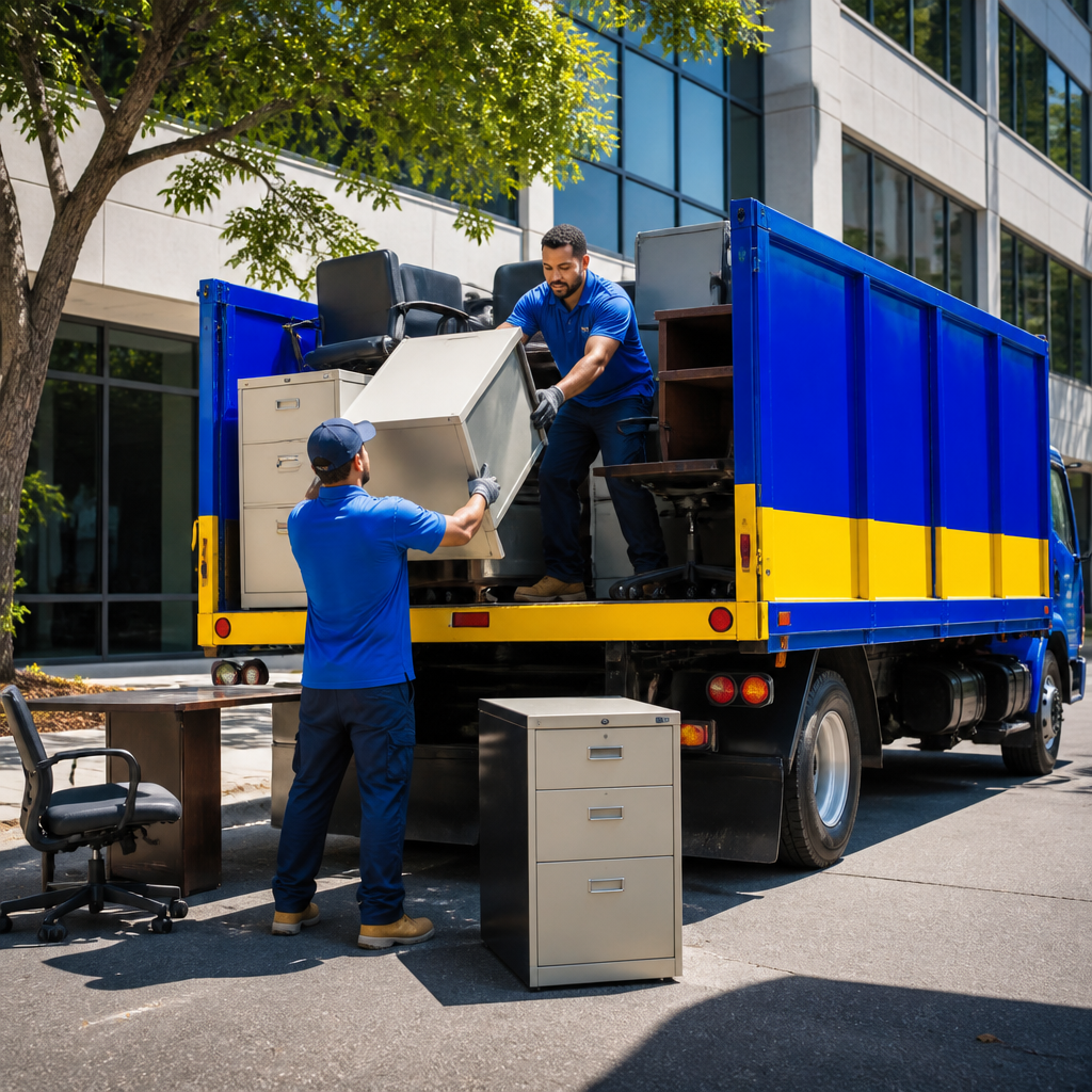 Workers removing office furniture outside an office building